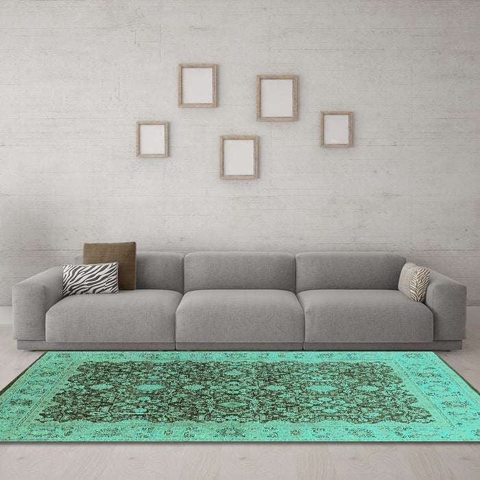 Machine Washable Oriental Turquoise Industrial Area Rugs in a Living Room,, wshurb3233turq