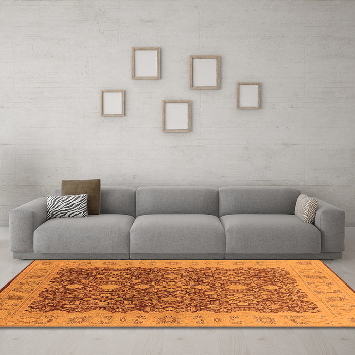 Machine Washable Oriental Orange Industrial Area Rugs in a Living Room, wshurb3233org