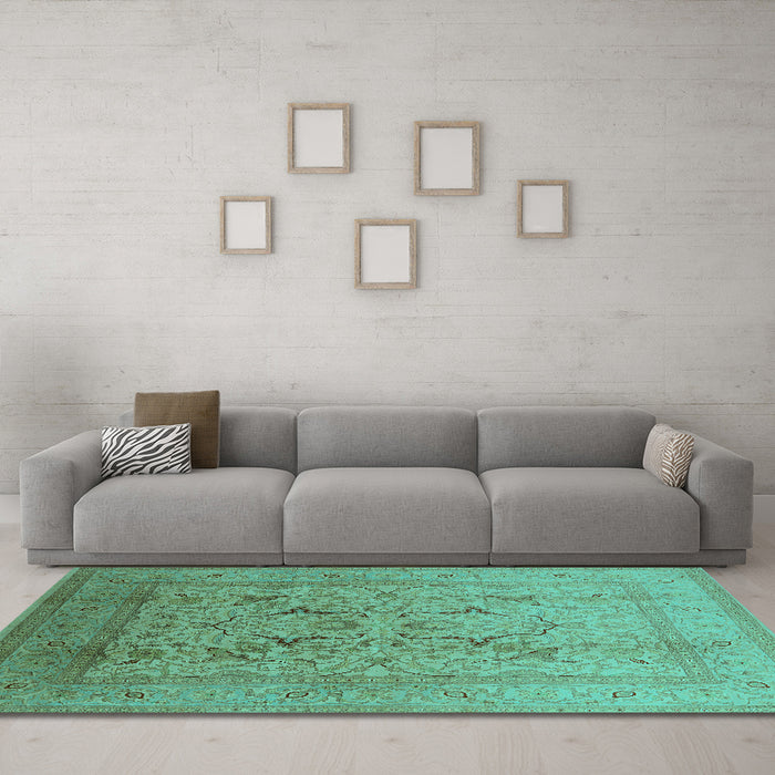 Machine Washable Oriental Turquoise Industrial Area Rugs in a Living Room,, wshurb3235turq