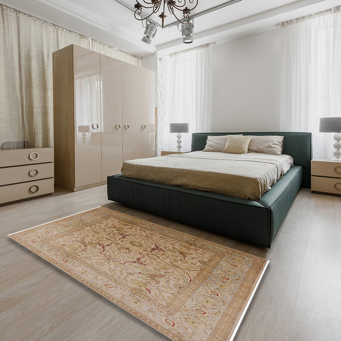 Mid-Century Modern Light Brown Oriental Rug in a Bedroom, urb3235