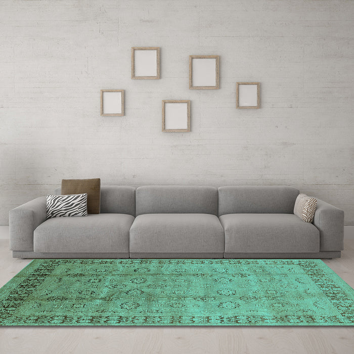 Machine Washable Oriental Turquoise Industrial Area Rugs in a Living Room,, wshurb3238turq