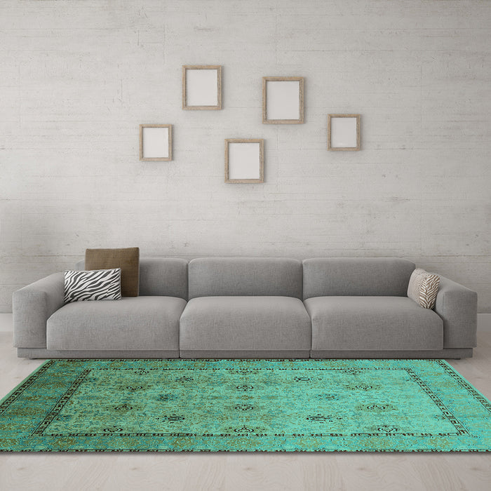 Machine Washable Oriental Turquoise Industrial Area Rugs in a Living Room,, wshurb3239turq