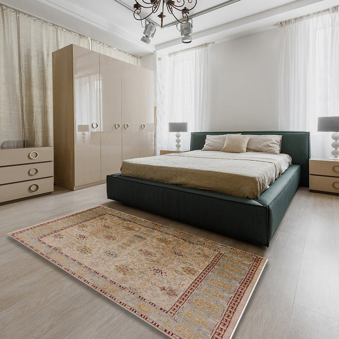 Mid-Century Modern Sienna Brown Oriental Rug in a Bedroom, urb3239