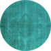 Round Machine Washable Oriental Turquoise Industrial Area Rugs, wshurb3241turq