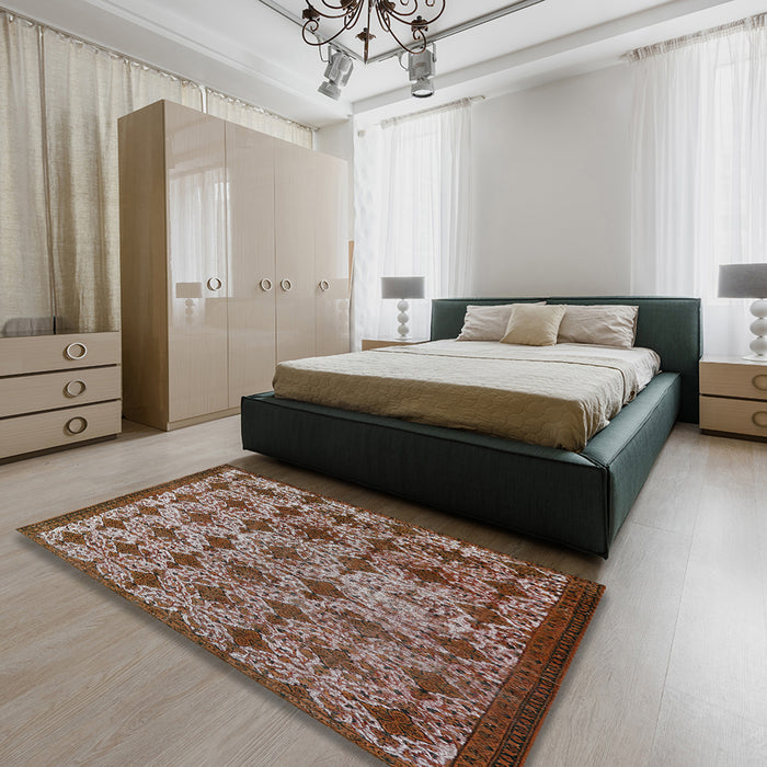 Mid-Century Modern Red Brown Oriental Rug in a Bedroom, urb3248