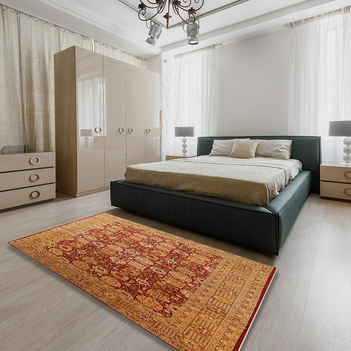 Mid-Century Modern Orange Oriental Rug in a Bedroom, urb3251