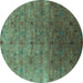 Round Machine Washable Oriental Turquoise Industrial Area Rugs, wshurb3252turq