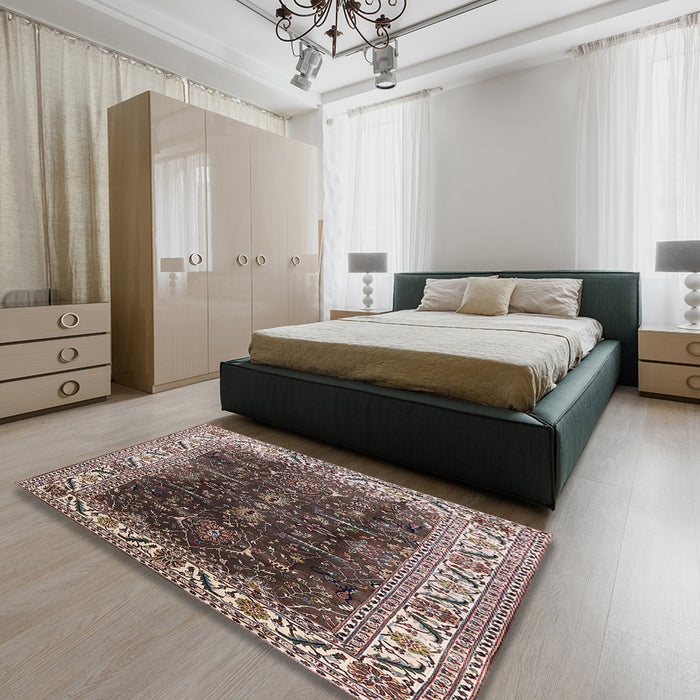 Mid-Century Modern Bakers Brown Oriental Rug in a Bedroom, urb3253