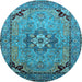 Round Machine Washable Oriental Light Blue Industrial Rug, wshurb3254lblu