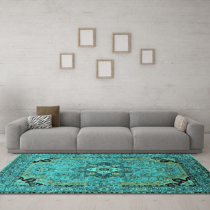 Machine Washable Oriental Turquoise Industrial Area Rugs in a Living Room,, wshurb3254turq