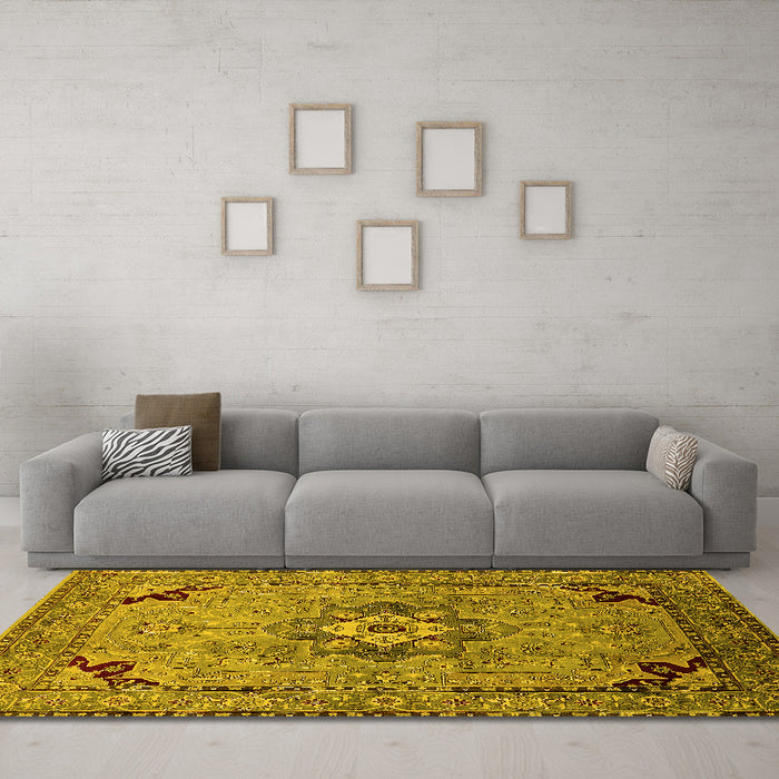 Machine Washable Oriental Yellow Industrial Rug in a Living Room, wshurb3254yw