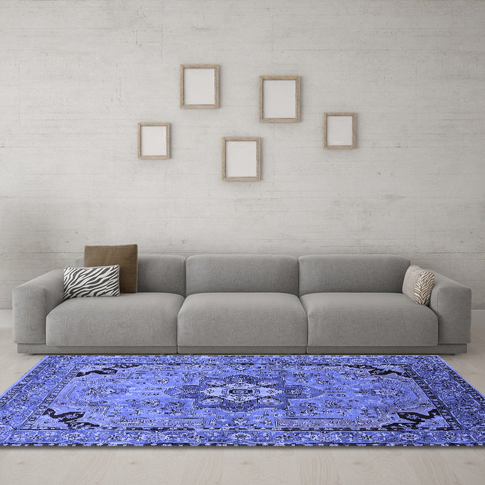 Machine Washable Oriental Blue Industrial Rug in a Living Room, wshurb3254blu