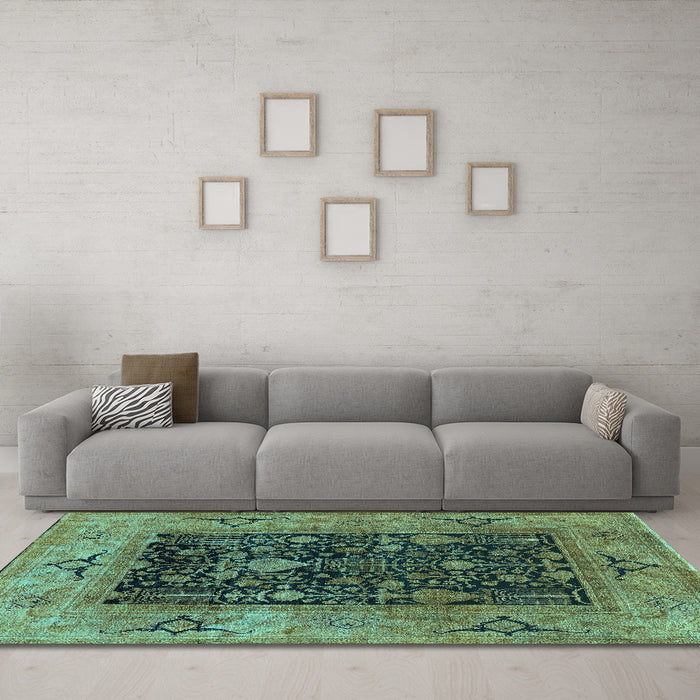 Machine Washable Oriental Turquoise Industrial Area Rugs in a Living Room,, wshurb3255turq