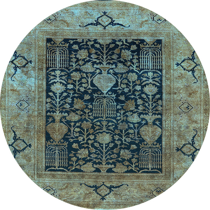 Round Machine Washable Oriental Light Blue Industrial Rug, wshurb3255lblu