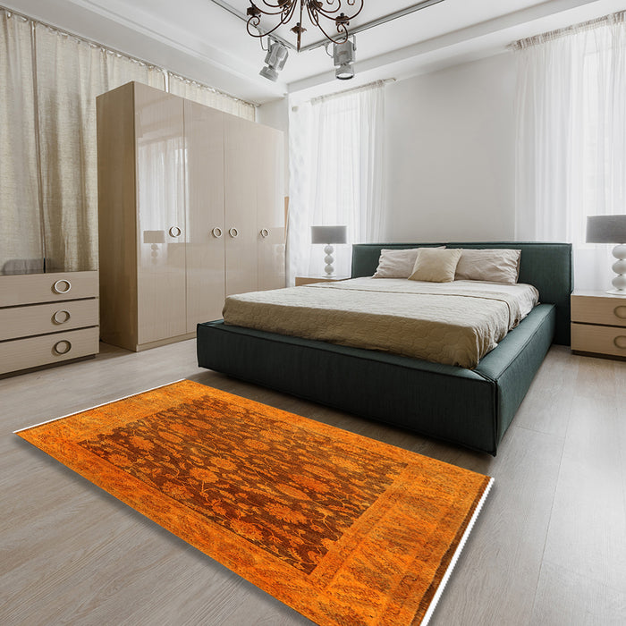 Mid-Century Modern Neon Orange Oriental Rug in a Bedroom, urb3260