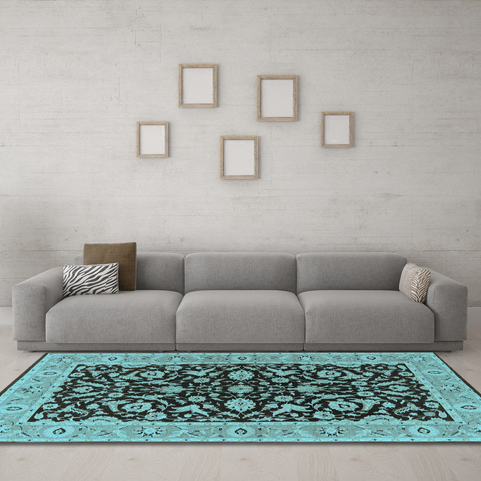 Machine Washable Oriental Light Blue Traditional Rug in a Living Room, wshurb449lblu
