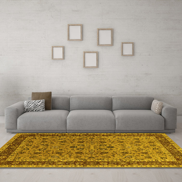 Machine Washable Oriental Yellow Traditional Rug in a Living Room, wshurb450yw