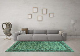 Machine Washable Oriental Turquoise Traditional Area Rugs in a Living Room,, wshurb450turq