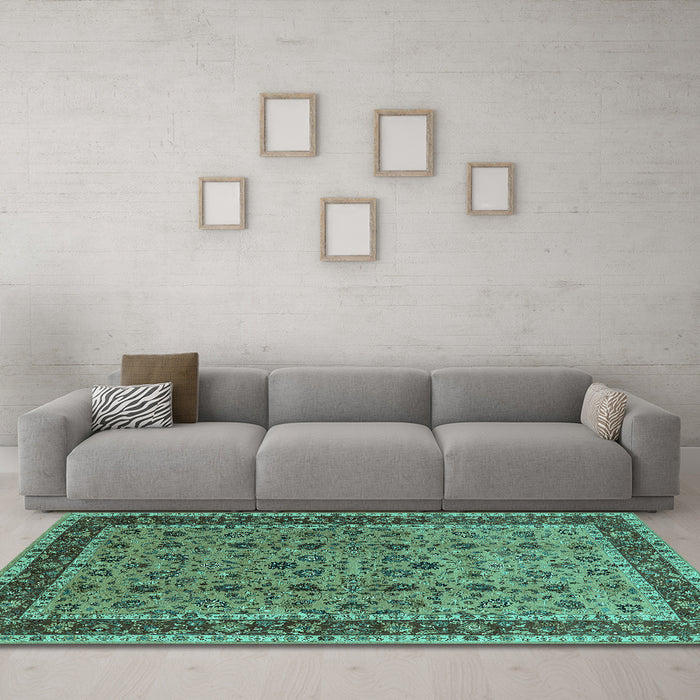 Machine Washable Oriental Turquoise Traditional Area Rugs in a Living Room,, wshurb450turq