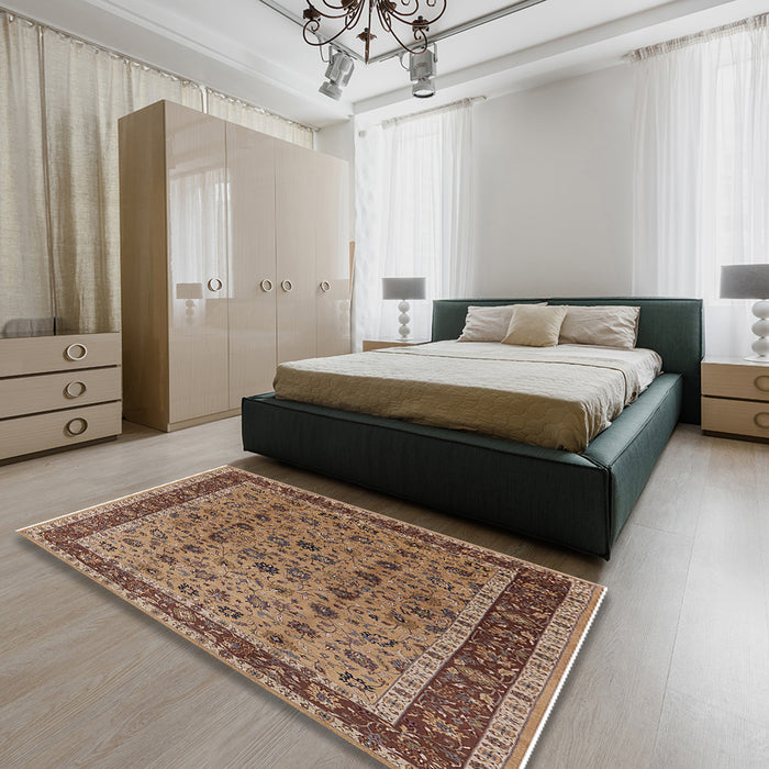 Mid-Century Modern Brown Sand Brown Oriental Rug in a Bedroom, urb450