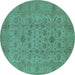 Round Machine Washable Oriental Turquoise Industrial Area Rugs, wshurb456turq