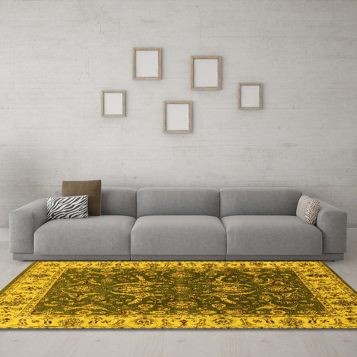 Machine Washable Oriental Yellow Traditional Rug in a Living Room, wshurb462yw