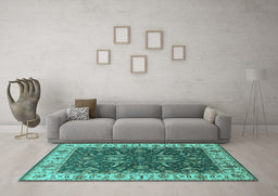 Machine Washable Oriental Turquoise Traditional Area Rugs in a Living Room,, wshurb462turq