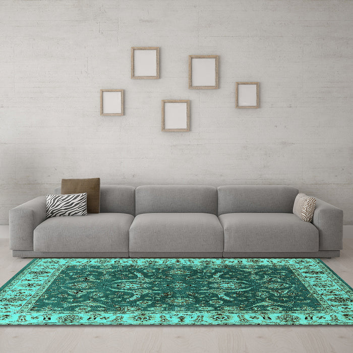 Machine Washable Oriental Turquoise Traditional Area Rugs in a Living Room,, wshurb462turq