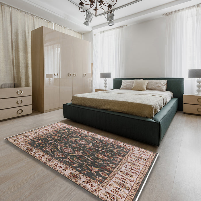 Mid-Century Modern Dark Brown Oriental Rug in a Bedroom, urb462