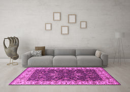 Machine Washable Oriental Pink Traditional Rug in a Living Room, wshurb462pnk