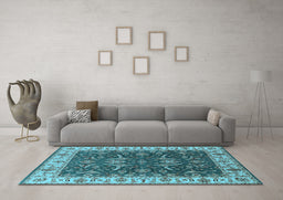 Machine Washable Oriental Light Blue Traditional Rug in a Living Room, wshurb462lblu