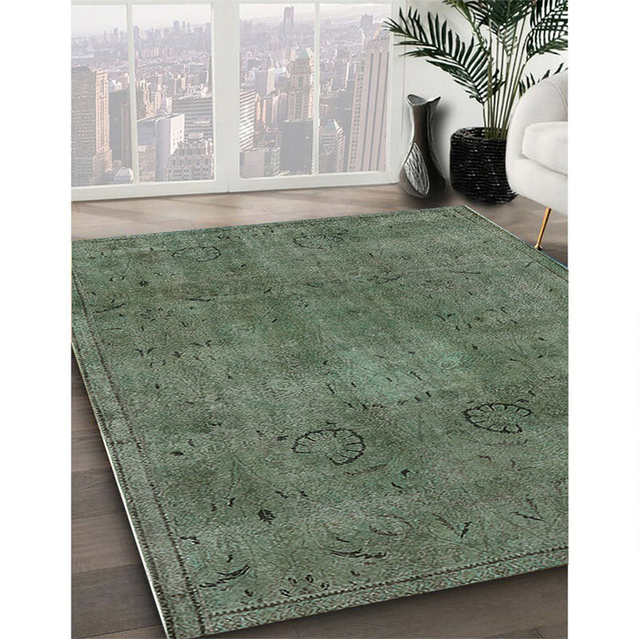 Mid-Century Modern Dark Olive Green Oriental Rug in Family Room, urb465