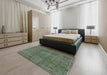 Mid-Century Modern Dark Olive Green Oriental Rug in a Bedroom, urb465