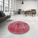 Round Mid-Century Modern Crimson Red Persian Rug in a Office, urb466