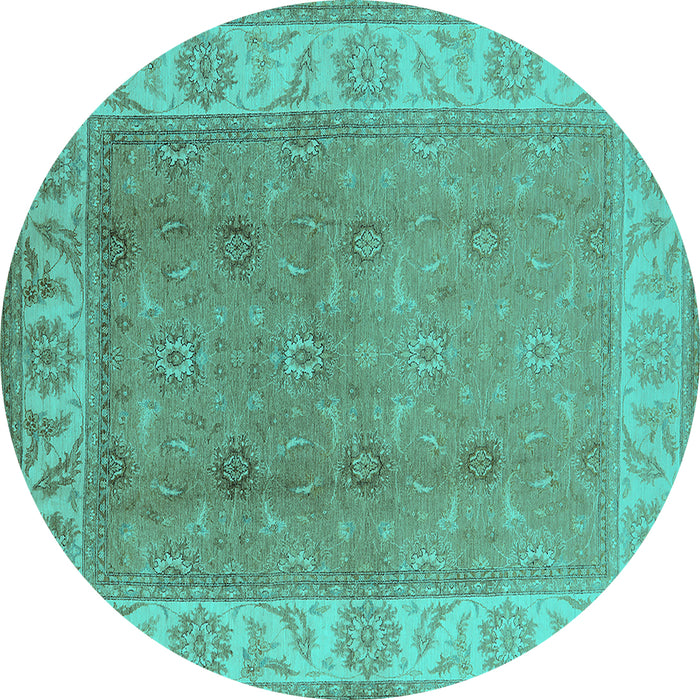 Round Machine Washable Oriental Turquoise Traditional Area Rugs, wshurb472turq