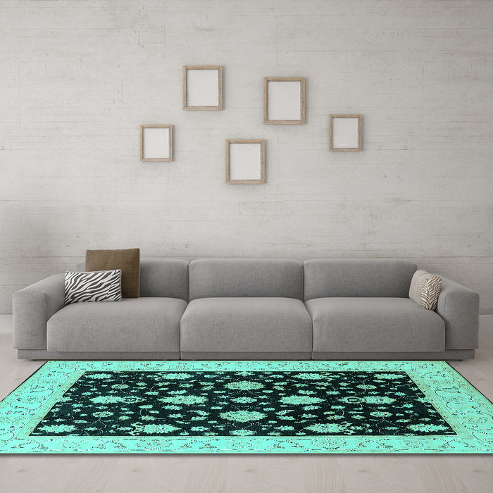 Machine Washable Oriental Turquoise Traditional Area Rugs in a Living Room,, wshurb475turq
