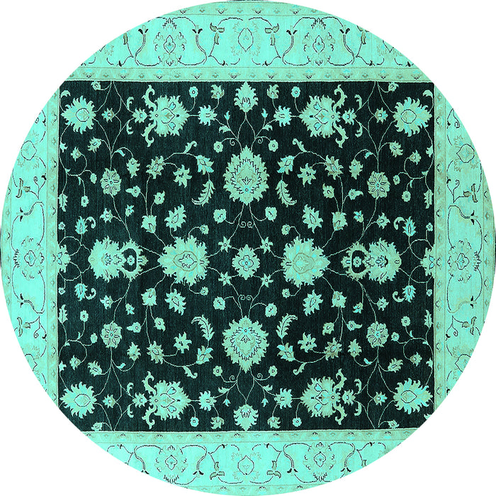 Round Machine Washable Oriental Turquoise Traditional Area Rugs, wshurb475turq
