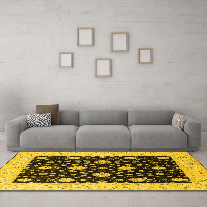 Machine Washable Oriental Yellow Traditional Rug in a Living Room, wshurb475yw