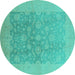 Round Machine Washable Oriental Turquoise Traditional Area Rugs, wshurb477turq