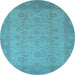 Round Machine Washable Oriental Light Blue Industrial Rug, wshurb479lblu