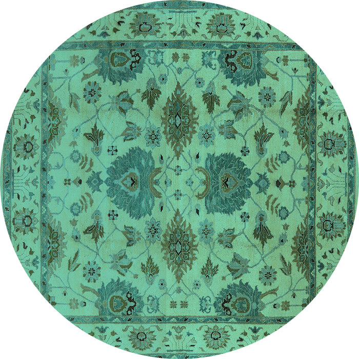 Round Machine Washable Oriental Turquoise Traditional Area Rugs, wshurb484turq
