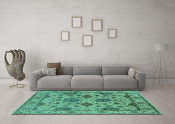 Machine Washable Oriental Turquoise Traditional Area Rugs in a Living Room,, wshurb484turq