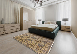 Mid-Century Modern Brown Oriental Rug in a Bedroom, urb484