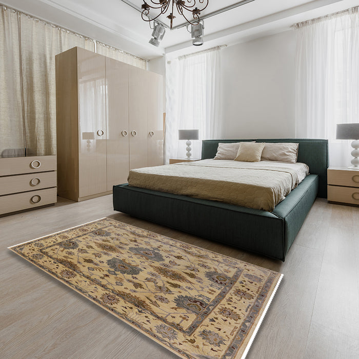 Mid-Century Modern Brown Oriental Rug in a Bedroom, urb484