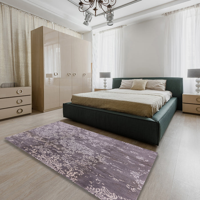 Mid-Century Modern Purple Oriental Rug in a Bedroom, urb486