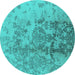 Round Machine Washable Oriental Turquoise Industrial Area Rugs, wshurb487turq