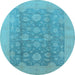 Round Machine Washable Oriental Light Blue Traditional Rug, wshurb489lblu