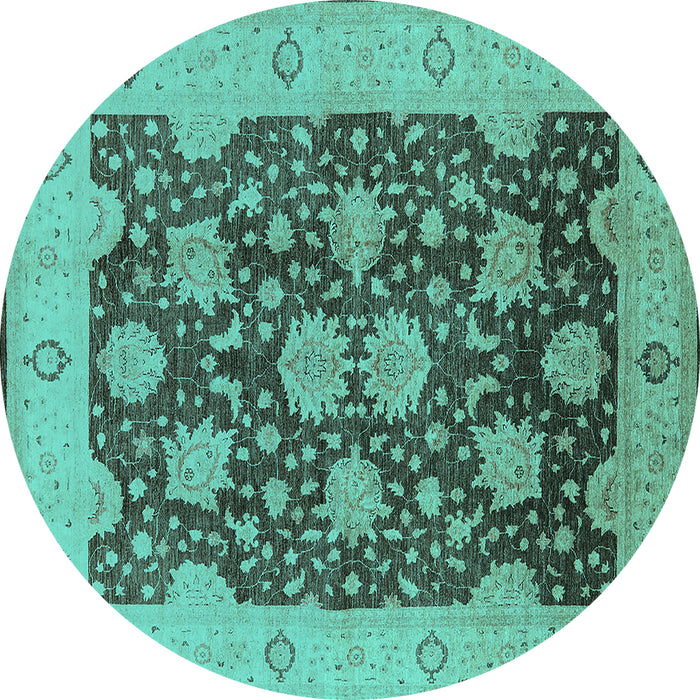 Round Machine Washable Oriental Turquoise Traditional Area Rugs, wshurb490turq