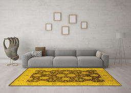 Machine Washable Oriental Yellow Traditional Rug in a Living Room, wshurb490yw