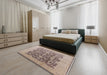 Mid-Century Modern Dark Almond Brown Oriental Rug in a Bedroom, urb491